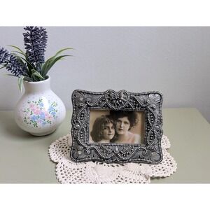Vintage Ornate Silver Picture Frame with Heart Bow, Rhinestone Photo Frame
